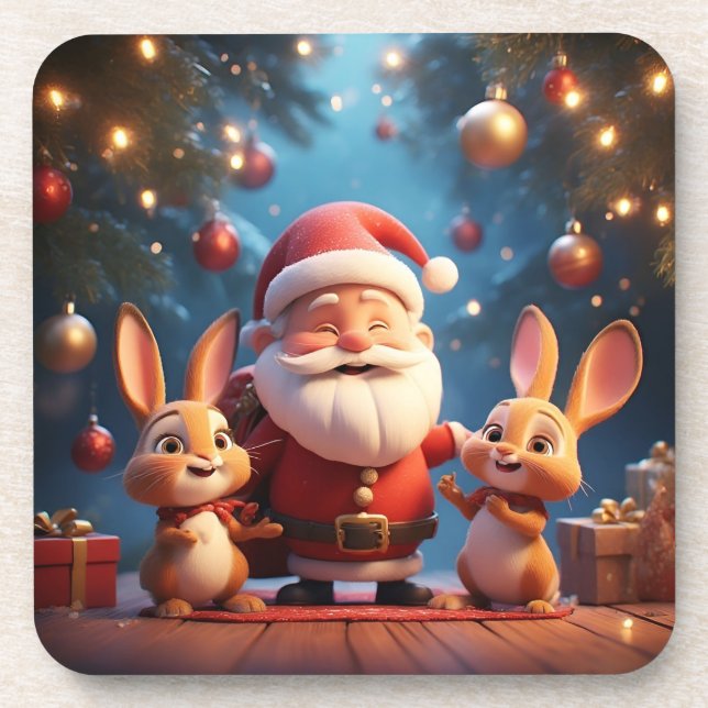 Porta-copo Papai Noel e Dois Coelhos Alegres (Frente)