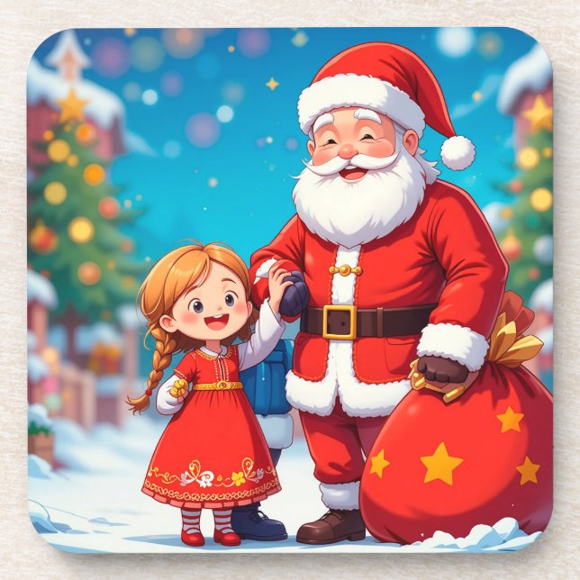 Porta-copo Papai Noel e Menina com um Saco de Presentes (Frente)