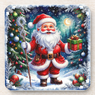 Porta-copo Papai Noel segurando um presente em um Natal mágic
