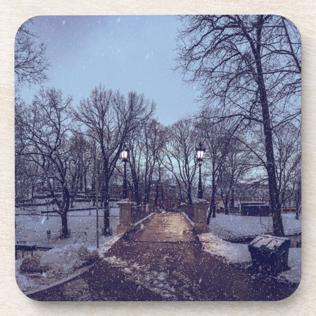 Porta-copo Parque da cidade de neve de inverno à noite (Frente)