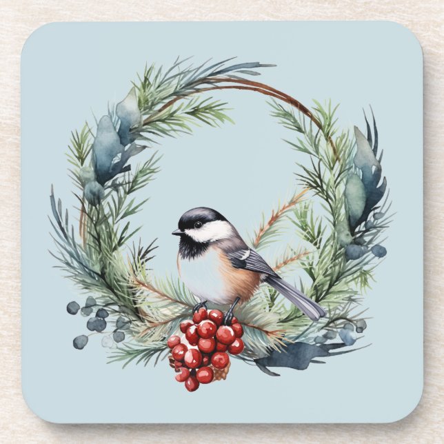 Porta-copo Pássaro Chickadee de Natal na Arte Wreath (Frente)