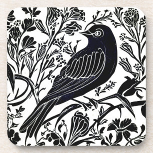 Porta-copo Pássaro em uma ramificação com flores em preto e b