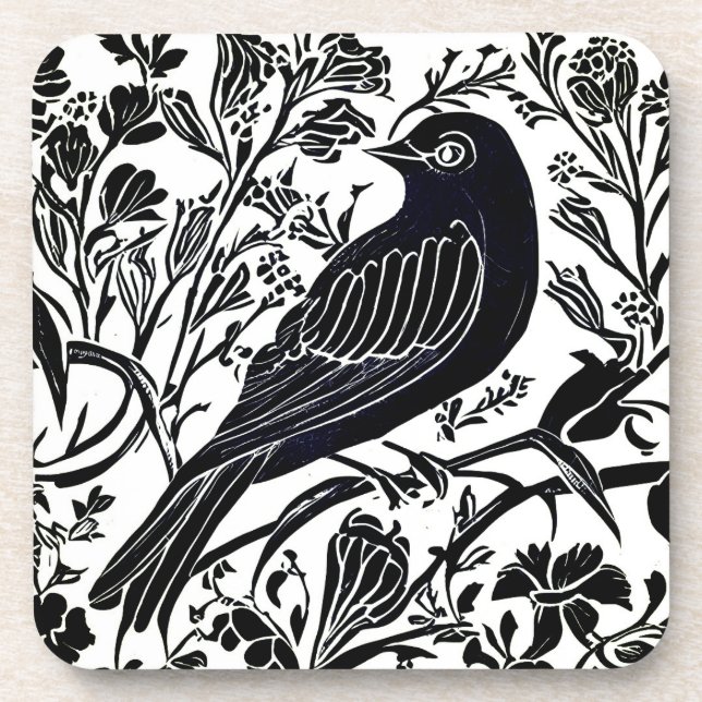 Porta-copo Pássaro em uma ramificação com flores em preto e b (Frente)