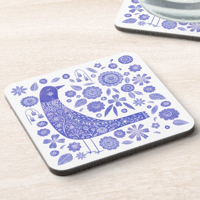 Porta-copo Pássaro Escandinavo Azul e Branco (Nordic folk art blue and white bird and wildflower coaster set)