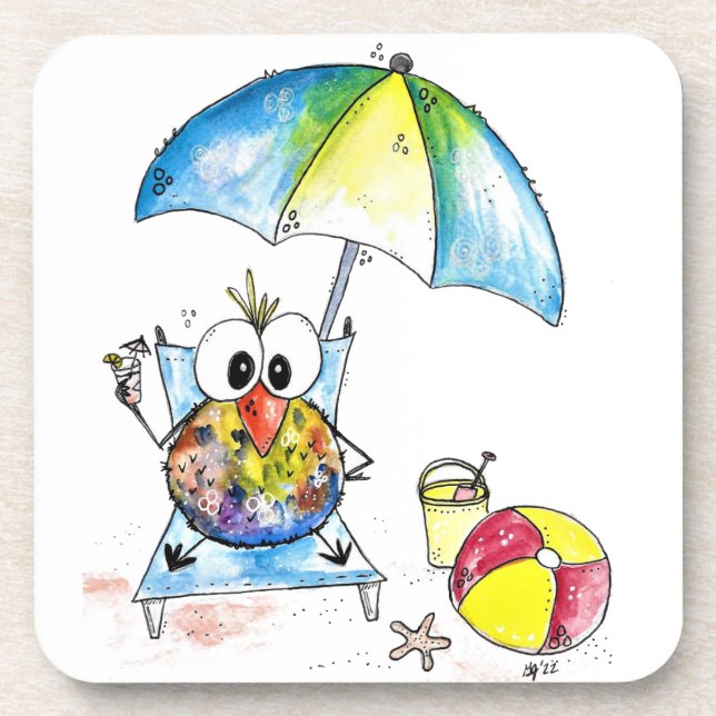 Porta-copo Pássaro Whimsical na Praia (Frente)