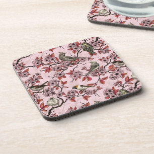 Porta-copo Pássaros e flor de cerejeira em rosa cor-de-rosa
