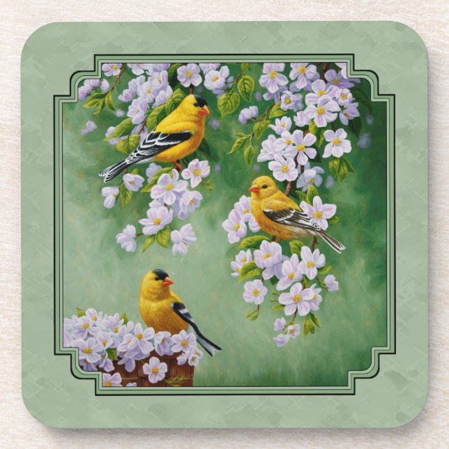 Porta-copo Pássaros Goldfinch e Flores Verde (Frente)