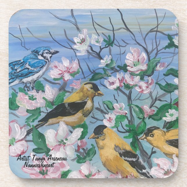 Porta-copo Pássaros Pintados À Mão Arte Original (Frente)