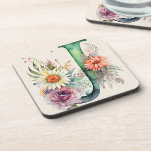 Porta-copo Pastel Floral Aquarela Monograma Flores Daisy