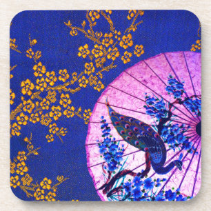 Porta-copo Pavão guarda-sol oriental flores japonesas azuis