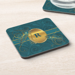 Porta-copo Pavão Monogrammed da cerceta e bebida Dourado