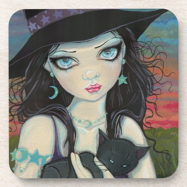 Porta-copo Peekaboo Witch e Cat Halloween Fantasy Art (Frente)