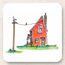 Pequena Casa Vermelha com Linha de Energia