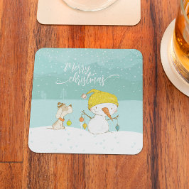 Porta-copo Pequeno boneco de neve e cachorro na cena de inver