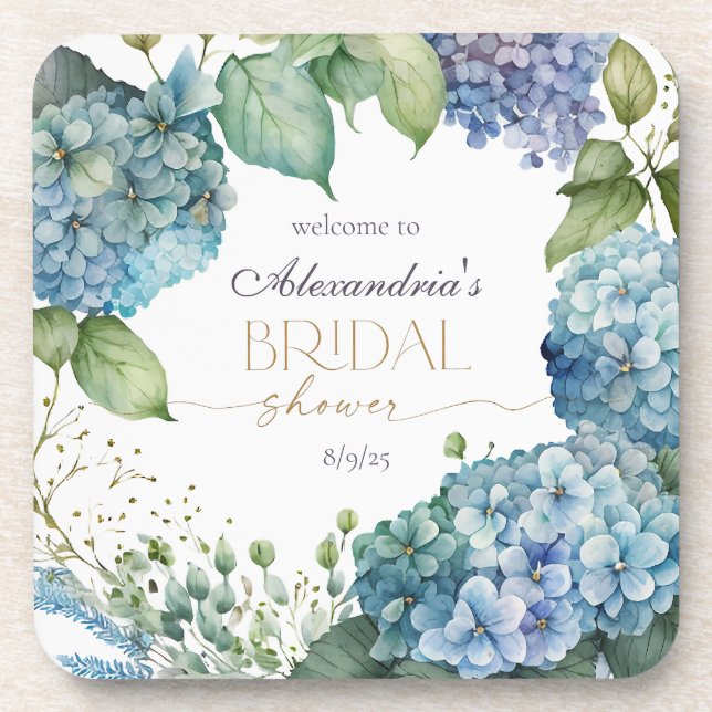 Porta-copo Personalise Bridal Shower Blue Hydrangeas Welcome (Frente)
