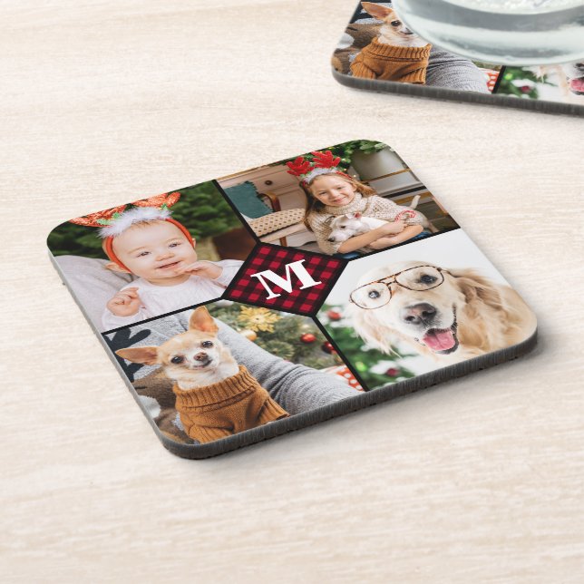 Porta-copo Personalizada 4 Fotografias Monograma Xadrez Verme (Left Side)