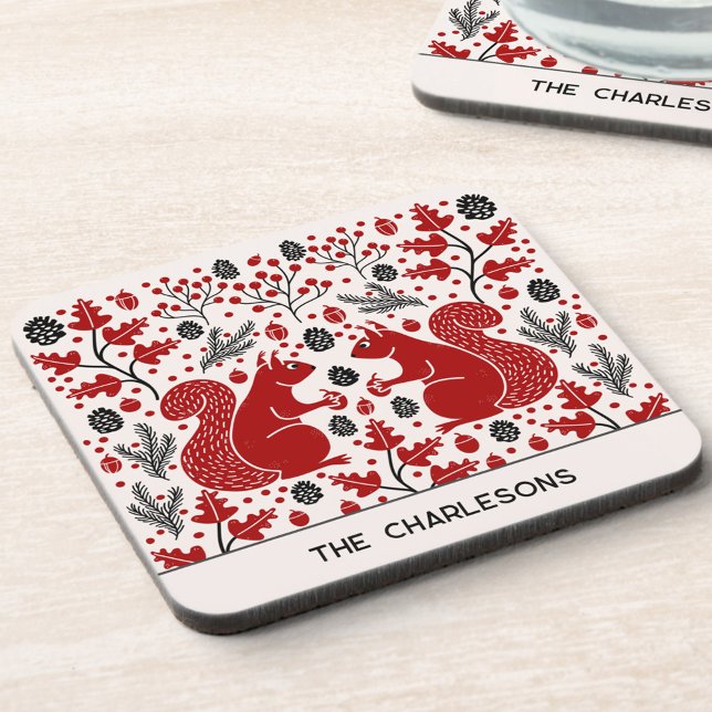 Porta-copo Personalized Red Squirrels in the Forest (Fun personalized name squirrell in the forest art coaster)