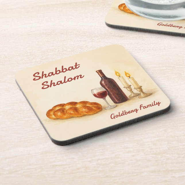 Porta-copo Personalized Shabbat Shalom Watercolor Coaster  (Left Side)