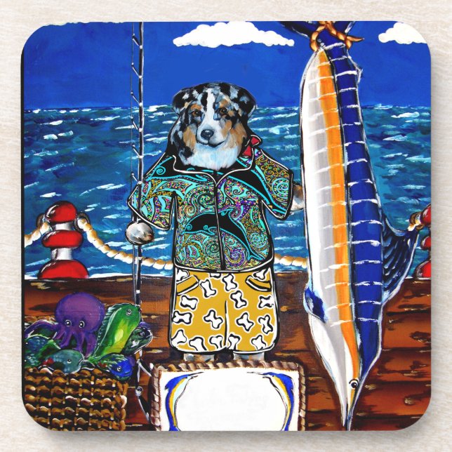 Porta-copo Pesca de Marlin com Australian Shepherd (Frente)