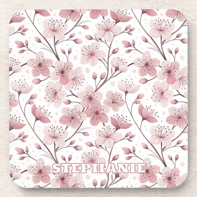 Porta-copo Pink Cherry Blossom Sakura Pattern on White (2) (Frente)