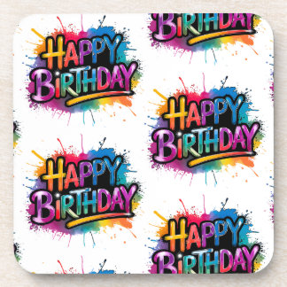 Porta-copo Pink Happy Birthday Graffiti Plastic Coaster