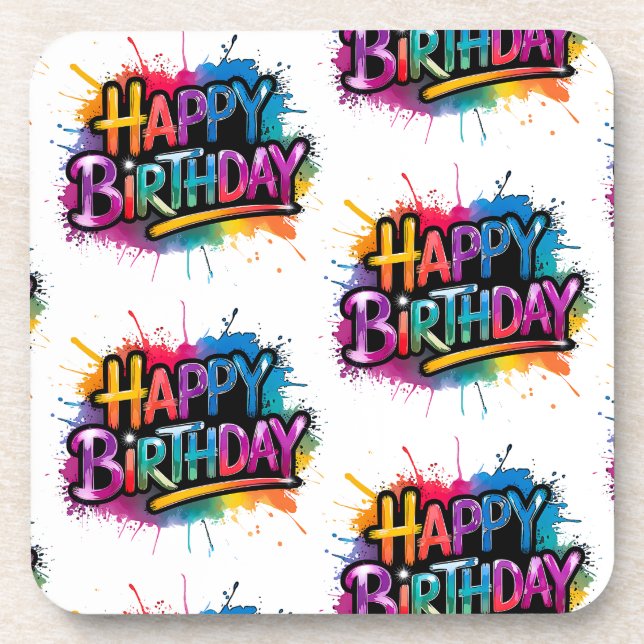 Porta-copo Pink Happy Birthday Graffiti Plastic Coaster (Frente)