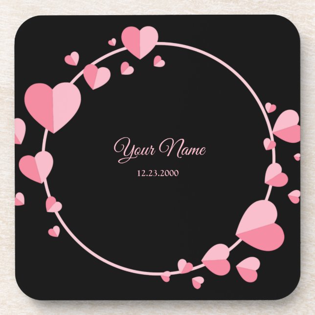 Porta-copo Pink Heart Black Geometric Wedding Party Elegant (Frente)