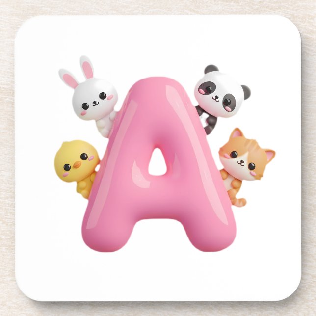 Porta-copo Pink Letter A Forest Animals Coaster Set (Frente)