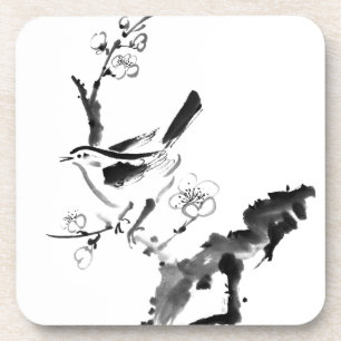 Porta-copo Pintura chinesa, flor da ameixa e pássaro