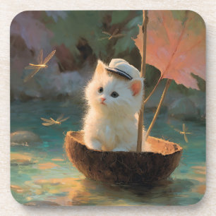 Porta-copo Pintura de um gatinho branco fofinho navegando em