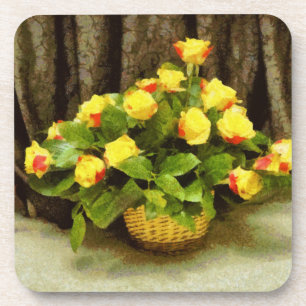 Porta-copo Pintura em cesto de rosas amarelas