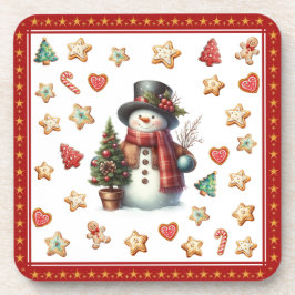 Porta-copo Plastic Coaster Snowman and Christmas Cookies Red