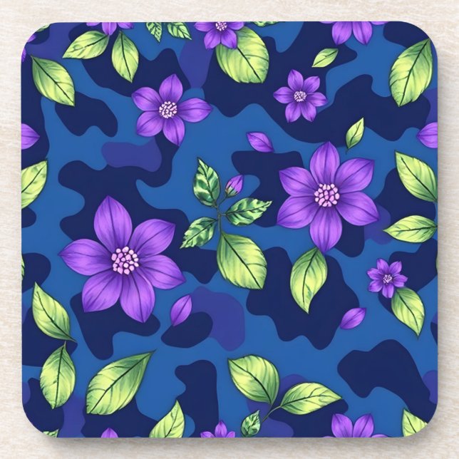 Porta-copo Plastic Metallic Blue Purple Flowers Camo Coaster  (Frente)