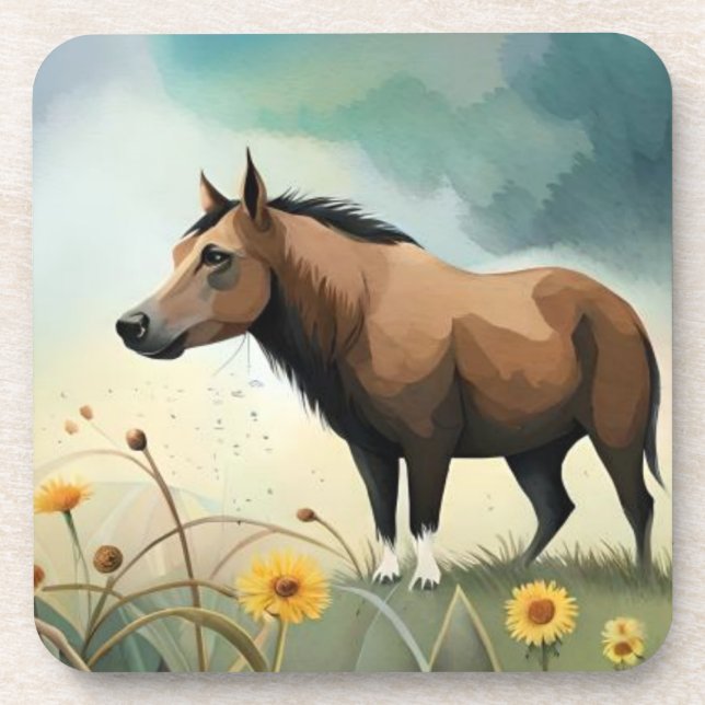 Porta-copo Pônea castanho-branca no campo floral (Frente)
