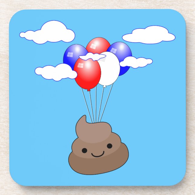 Porta-copo Poo Emoji Voando Com Balões No Céu Azul (Frente)