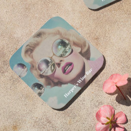 Porta-copo Pop de Arte Retrora Rosa e Mulher do Espaço Azul