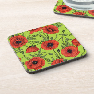 Porta-copo Poppies, vermelhos e verdes no verde limão
