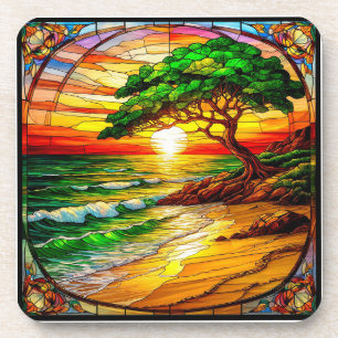 Porta-copo Pôr do Sol Colorido de Vidro Pintado Sobre a Praia
