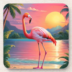 Porta-copo Pôr do sol tropical do flamingo na praia