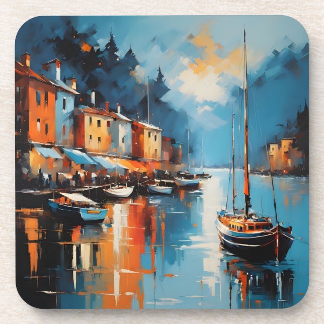 Porta-copo porto abstrato impressionista no pôr do sol (Frente)