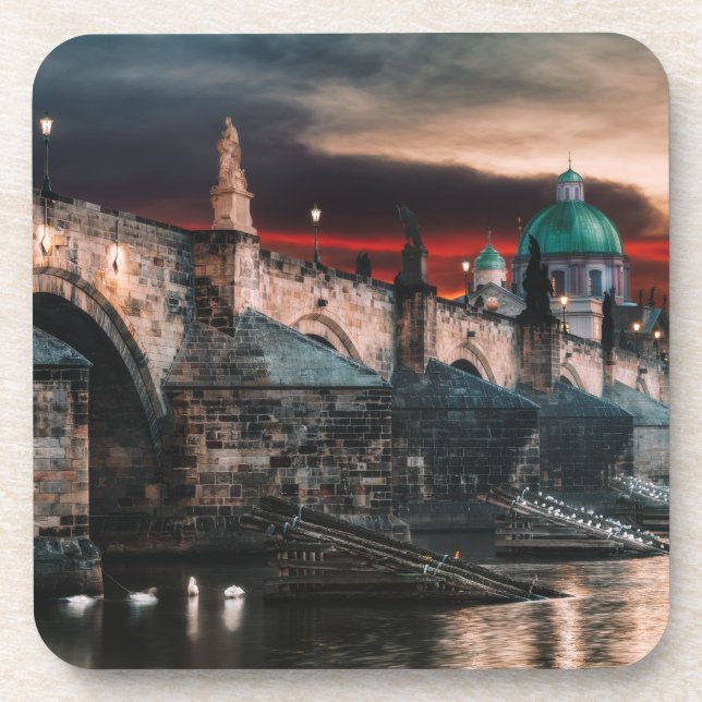 Porta-copo Prague Charles Bridge Night Hard Plastic Coaster (Frente)