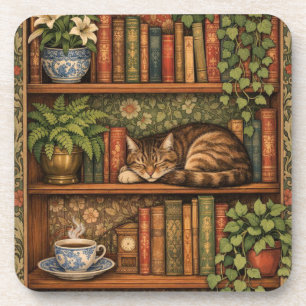 Porta-copo Prateleira de livros antiga com gato e café