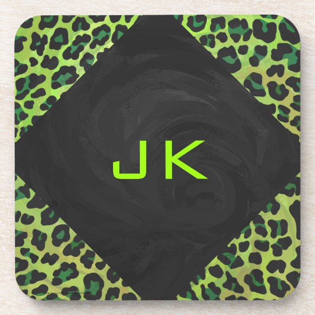 Porta-copo Preto-leopardo e Verde com Monograma (Frente)