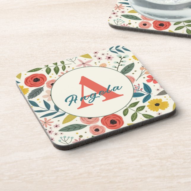 Porta-copo Pretty Blush Pink Floral Botanical Monogram  (Left Side)