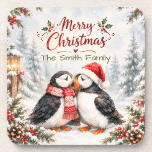 Porta-copo Puffin Personalizado de Natal Nome da Família