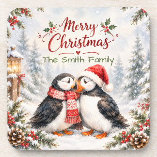 Porta-copo Puffin Personalizado de Natal Nome da Família