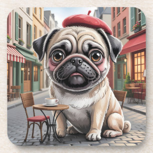 Porta-copo Pug Parisiense em Café na Calçada