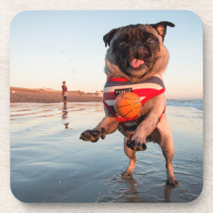 Porta-copo Pug Playing Ball on Beach