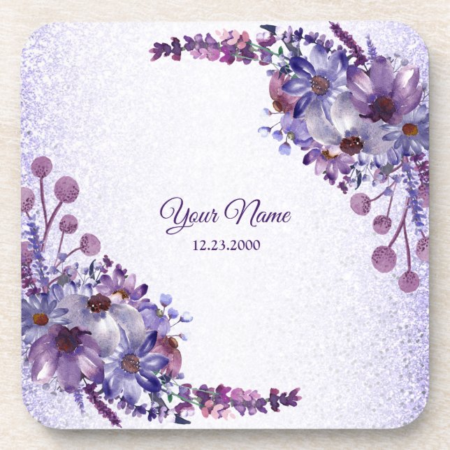 Porta-copo Purple Blue Pink Floral Glitter Wedding Party (Frente)