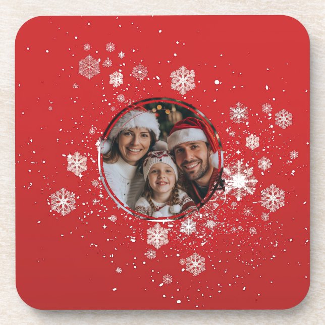 Porta-copo Quadro de Natal Vermelho com Flocos de Neve (Frente)
